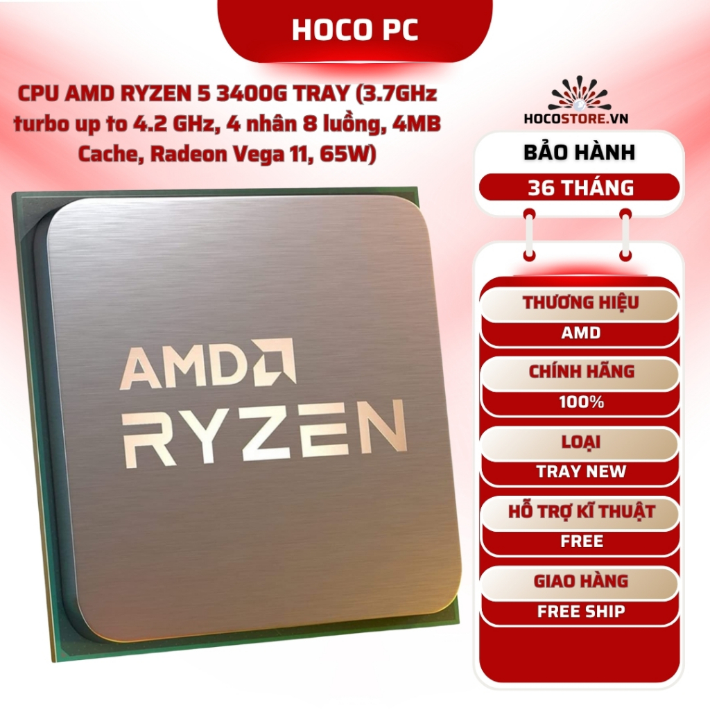 CPU AMD Ryzen 5 3400G Tray New – 4 Nhân 8 Luồng, VGA Vega 11 – Hàng Chính Hãng Bảo Hành 36T | Hoco P