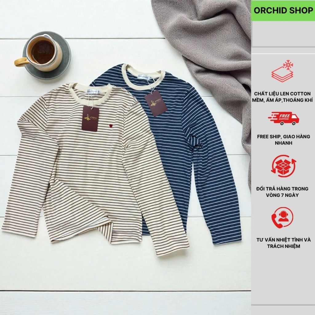 Áo Thun Nữ Thu Đông Chất Len Cotton Thêu Hình Trái Tim nhỏ Ở Ngực Xinh Xắn, Nhẹ Nhàng Dễ Thương Orch