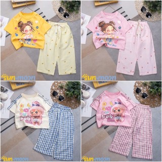   14-50kg SUN&MOON - Set bộ quần ống suông sọc caro phối áo in hình dễ thương xinh xắn cho bé gái 