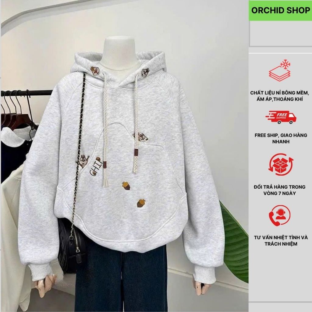 Áo Nỉ Nữ Hoodie Dài Tay Có Mũ Thêu Hình Sóc Nhỏ Ấm Đáng Yêu-Áo Khoác Nỉ Bông Nữ Mùa Thu Đông Hot Nhấ