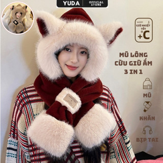  Mũ len nữ lông cừu dễ thương YUDA nón len nữ trùm đầu kèm khăn quàng cổ giữ ấm phụ kiện thời trang Hàn Quốc MLC01 