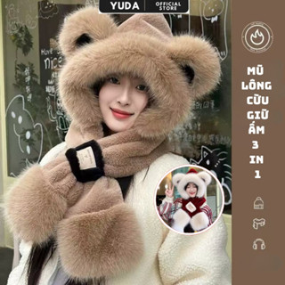  Mũ lông cừu trùm đầu mùa đông YUDA mũ len nữ lông tai gấu cute dễ thương nón len giữ ấm giữ nhiệt phụ kiện mùa đông 