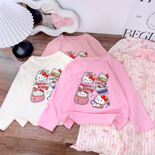  Bộ áo dài tay họa tiết hello kitty 3 màu kèm quần xuông bèo cho bé gái 9-30kg 
