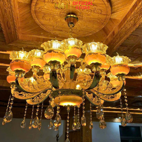 Đèn Chùm Cá Chép Mạ Vàng 24k Tân Cổ Điển Đá Tự Nhiên,Trang Trí Phòng Khách (Tặng Kèm Bóng)_ĐÈM LED T