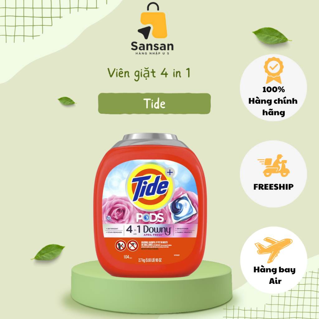 Viên giặt Tide Pods 4 in 1 Downy April Fresh 104 viên 2.7kg của Mỹ