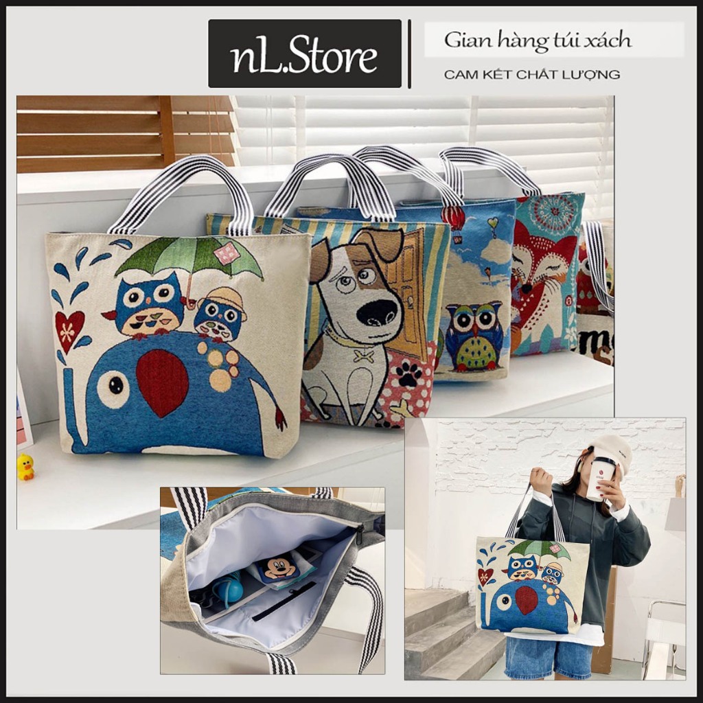 Túi tote vải thổ cẩm thêu cỡ lớn 35x42cm đựng được nhiều đồ thoải mái có khóa kéo  T04 nL.Store