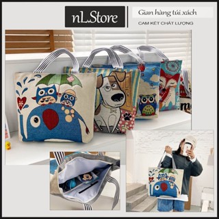 Túi tote vải thổ cẩm thêu cỡ lớn 35x42cm đựng được nhiều đồ thoải mái có khóa kéo  T04 nL.Store