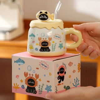  Quà tặng cốc sứ Ly sứ có nắp hình “ Cá Dễ thương ” 450ml thích hợp làm quà tặng đi kèm ống hút thủy tinh chất lượng cao 
