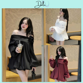  Váy Trễ Vai Baby Doll Đính Hoa Nhún Vai Tay Bồng Chất Liệu Gió Nhăn - Tặng Kèm Quần Trong 