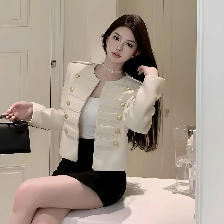 Áo Khoác Dạ Ép Sang Chảnh Dáng Ngắn 2 Lớp Có Đệm Vai Đính Cúc Phong Cách Quý Cô | BigBuy360 - bigbuy360.vn