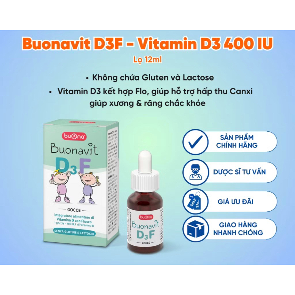 Buonavit D3F ( Lọ 12ml)– Bổ Sung Vitamin D3 Và Flor Dạng Nhỏ Giọt,Giúp Tăng Hấp Thu Canxi Răng Đẹp D