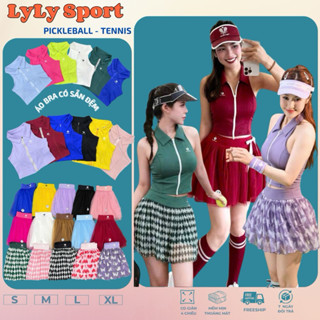 [PICKLEBALL] Set thể thao nữ Pompeche-áo bra khoa suốt lulu kết hơp Chân váy xoè tutu tập pickleball, tennis, gofl