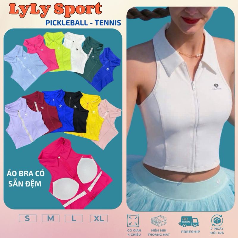 [PICKLEBALL] Áo bra thể thao lulu Pompeche đệm liền, mở khóá suốt-chơi pickleball,golf, tennis..
