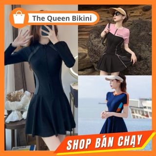 Đồ bơi liền thân nữ Bikini một mảnh kín đáo dạng váy đi biển áo tắm khóa zip tay ngắn & dài size S - 2XL The Queen 082