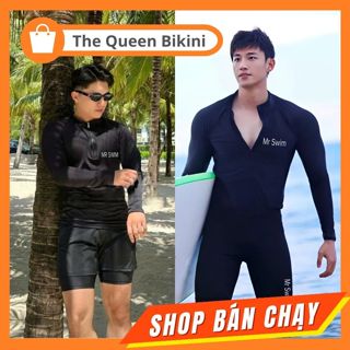 Bộ đồ bơi nam tay dài quần bơi 2 lớp có dây buộc màu đen kiểu dáng thể thao đi biển 007