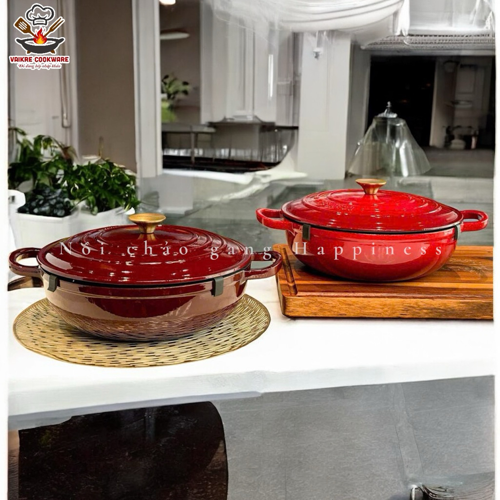 Nồi gang tráng men Happiness size 30cm , nồi lẩu, chảo xào dùng bếp từ, bếp điện, bếp gas