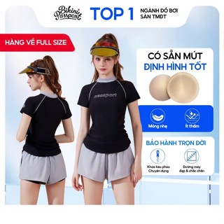  Bộ đồ bơi set đồ bơi nữ 2 mảnh tay ngắn quần short 2 lớp kín đáo che bụng BIKINI PASSPORT - Đen Xám - BS1045_BL 