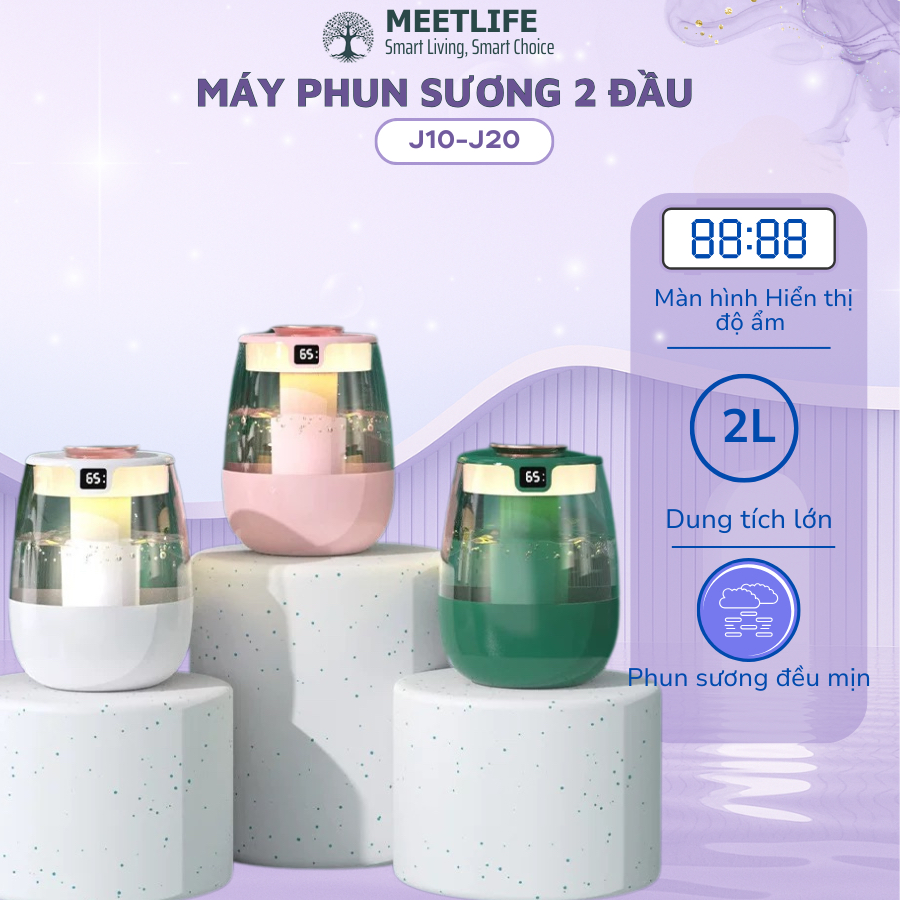 Máy tạo độ ẩm 2 vòi phun, máy phun sương màn hình LED hiển thị nhiệt độ, phun mạnh mẽ - hoạt động êm ái