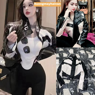 HV - Áo Khoác Da nữ dáng Croptop cổ chữ phối màu 2 lớp 
