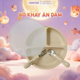 Set Ăn Dặm Jumysie Silicone Cao Cấp - Khay Ăn Dặm Chia 3 Ngăn Có Nắp, Thìa Dĩa Vừa Vặn, Dễ Vệ Sinh