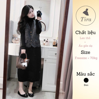  Set váy len bầu TIRA MAMA M337 Set Váy bầu tiểu thư Set bầu đi chơi Váy len thỏ kèm áo gile lông 