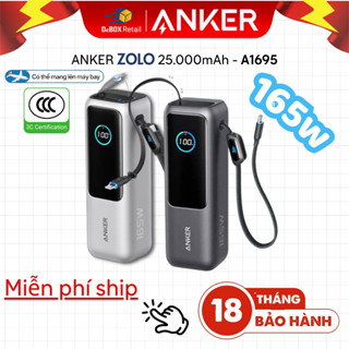 Pin sạc dự phòng Anker Zolo Power Bank 25000mAh 165W tích hợp cáp USB-C có thể thu gọn - A1695 Viettel phân phối