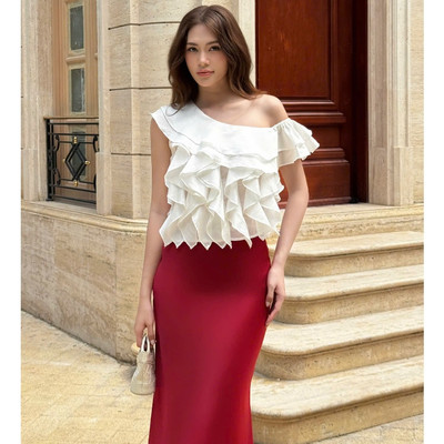 YU CHERRY | Áo tơ nhún bèo lệch vai LAYERED OFF SHOULDER TOP YA522