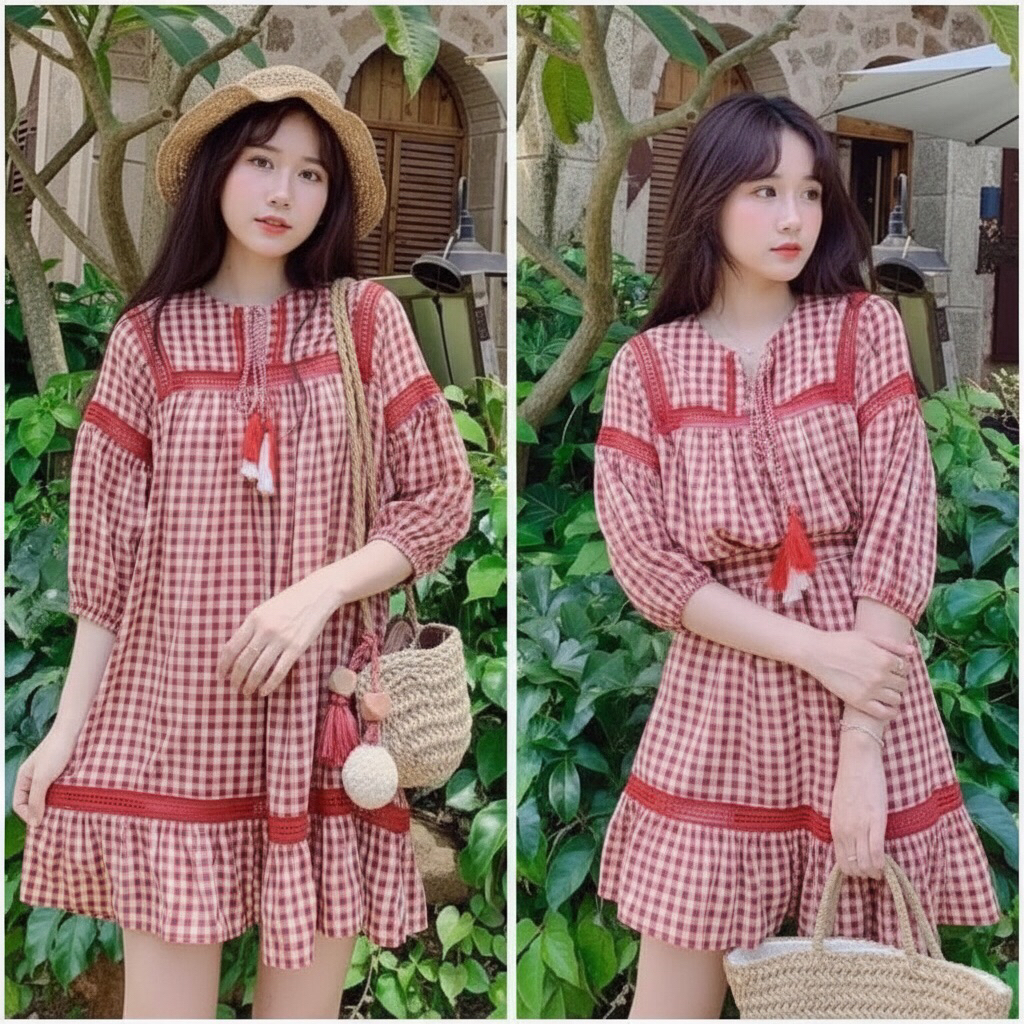 Đầm babydoll caro đỏ thổ cẩm, bầu bì mặc thoải mái