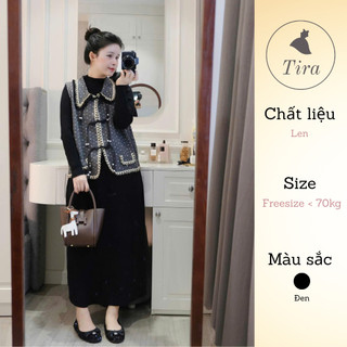  Set váy len phối áo gile điệu đà TIRA MAMA M340 Set Váy len bầu dài tay dáng xòe Set váy bầu công sở 