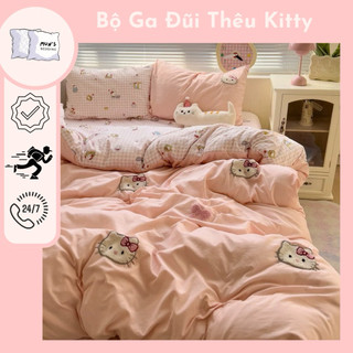  Bộ Chăn Ga Gối Đũi Thêu Kitty Cao Cấp– Chất Đũi Mềm Mát Họa Tiết Thêu Sắc Nét Decor Phòng Ngủ Dễ Thương| Mun’s Bedding 