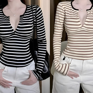  Áo Thun Nữ Cổ Trụ Áo Sẻ V Dài Tay Kẻ Sọc Ngang Ôm Body.Gb 