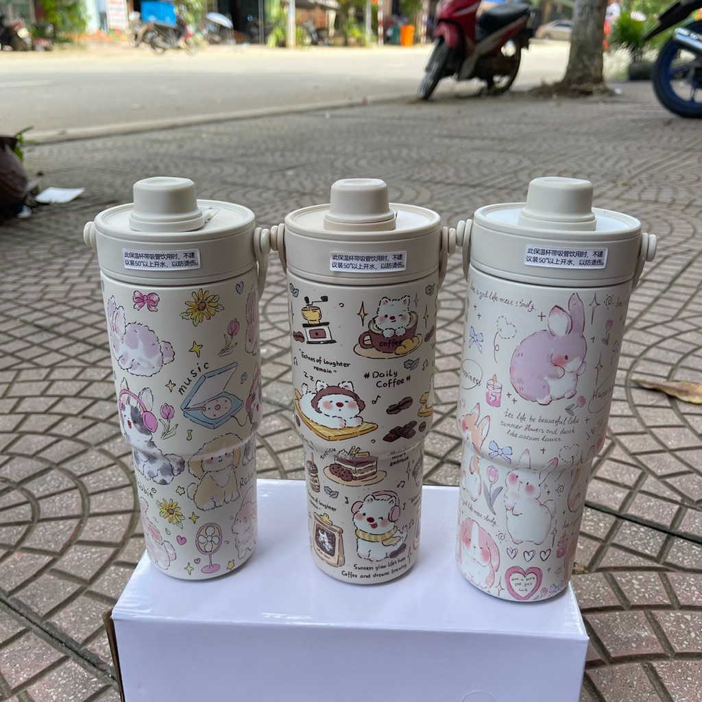 [ Lót Gốm ] Ly Giữ Nhiệt Lót Gốm Simply Dễ Thương Dung Tích 730ml Giữ Lạnh 8 - 10 Tiếng Có Quai Xách