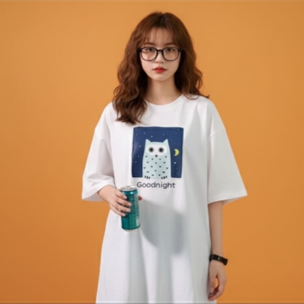 Áo Phông Tay Lỡ Unisex Cú Mèo Trắng - Cotton Thoáng Mát - Phong Cách Đường Phố Mới Nhất