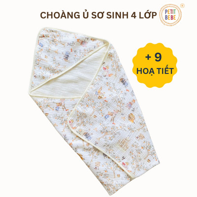 Khăn choàng ủ sơ sinh có mũ 75x75cm PETIT BEBE muslin 4 lớp thoáng khí mềm mại nhiều họa tiết