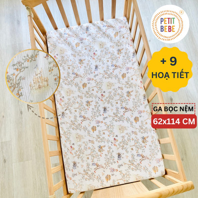 Ga bọc nệm cũi 62x114cm cho bé PETIT BEBE muslin ga bọc đệm bo chun cũi đa năng