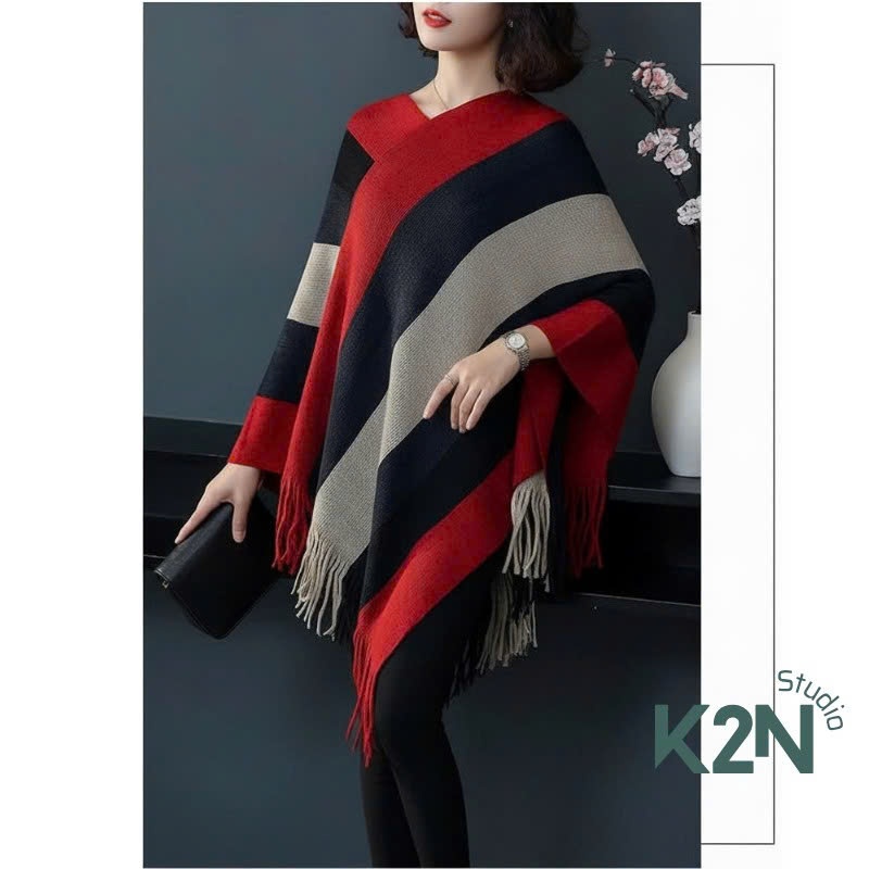 Áo Choàng Len Nữ Sọc Phối Màu Sang Trọng – Áo Choàng Poncho Nữ Tua Rua Thời Trang Thu Đông