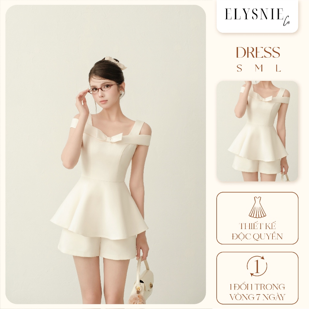  Áo Nữ Trễ Vai Phối Nơ Bồng Bềnh ELYSNIE Tiểu Thư Lumi Tốp 