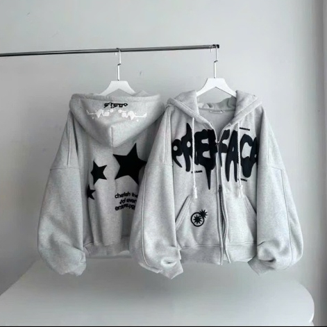 Áo Khoác In Nổi THREE STARS form Boxy, khoá kéo 2 đầu Unisex_SSSTore.Aesthetic