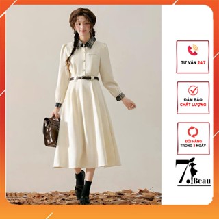  Váy thu đông đầm nữ dáng dài váy nhung dài tay phối viền cổ và tay caro kèm đây đai kiểu trẻ trung thanh lịch V210 