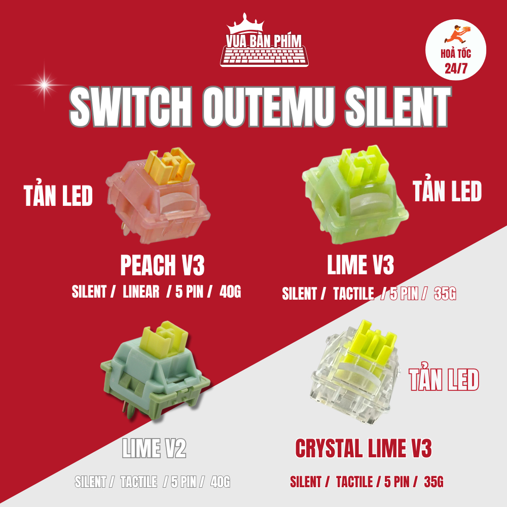 Switch outemu silent peach v2 linear / lime v2 tactile  5pin , không ồn siêu yên tĩnh, giá rẻ dùng cho bàn phím cơ