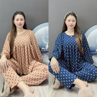  Đồ bộ ủ kem thu đông áo babydoll quần ống suông chất thun tăm chấm bi bigsize 48-75kg-M7749 