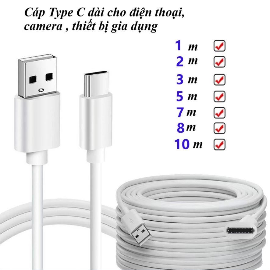 Dây cáp sạc typeC micro USB dài 1M 2M 3M 5M 8M 10M 14M Cho Camera, Điện thoại, Webcam Sạc Ổn Định