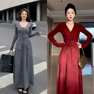  METWO. - Set áo len mịn kiểu cổ V dài tay phối khuy sừng QC kèm chân váy midi xoè dài dày dặn ulzzang tiểu thư Hàn Quốc 