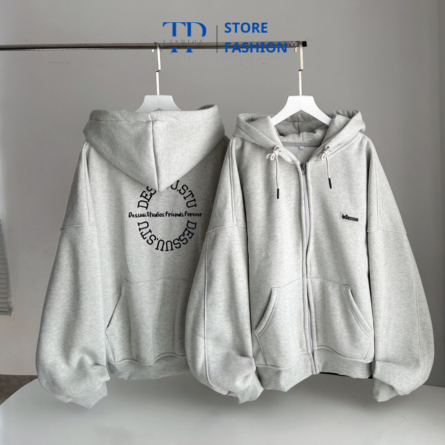 Áo Khoác Nỉ Bông Dessu Túi Ngược Thêu Form Boxy Rộng Tay Phồng Unisex Nam Nữ