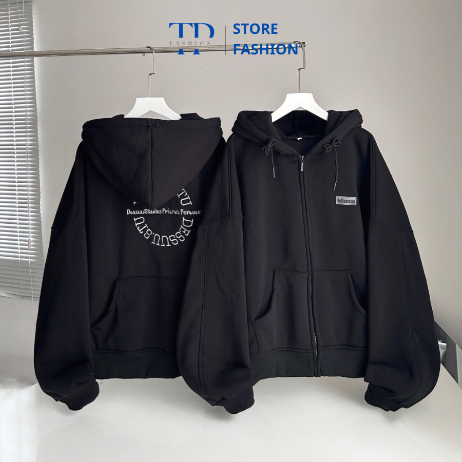 Áo Khoác Hoodie Zip NQ30 Thêu Nỉ Chân Cua Form Boxy Tay Phồng Phom Rộng Cực Đẹp
