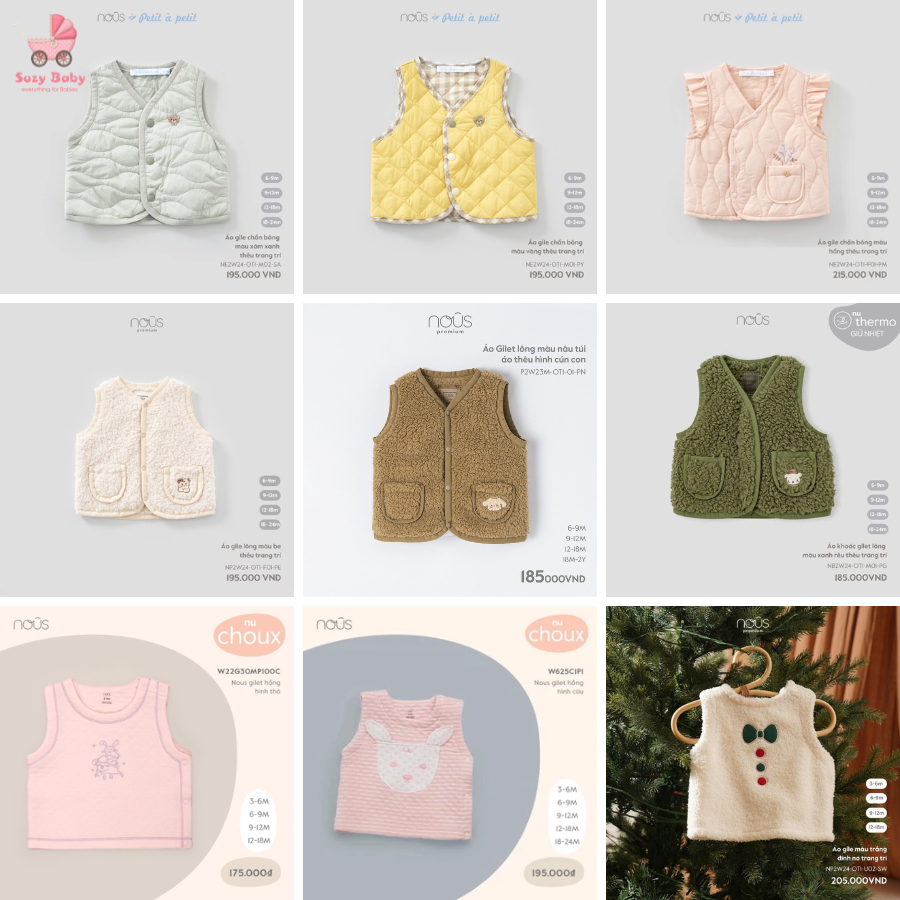 Áo gile Nous trần bông, gile lông, gile phao cho bé đầy đủ các mẫu, Suzy baby