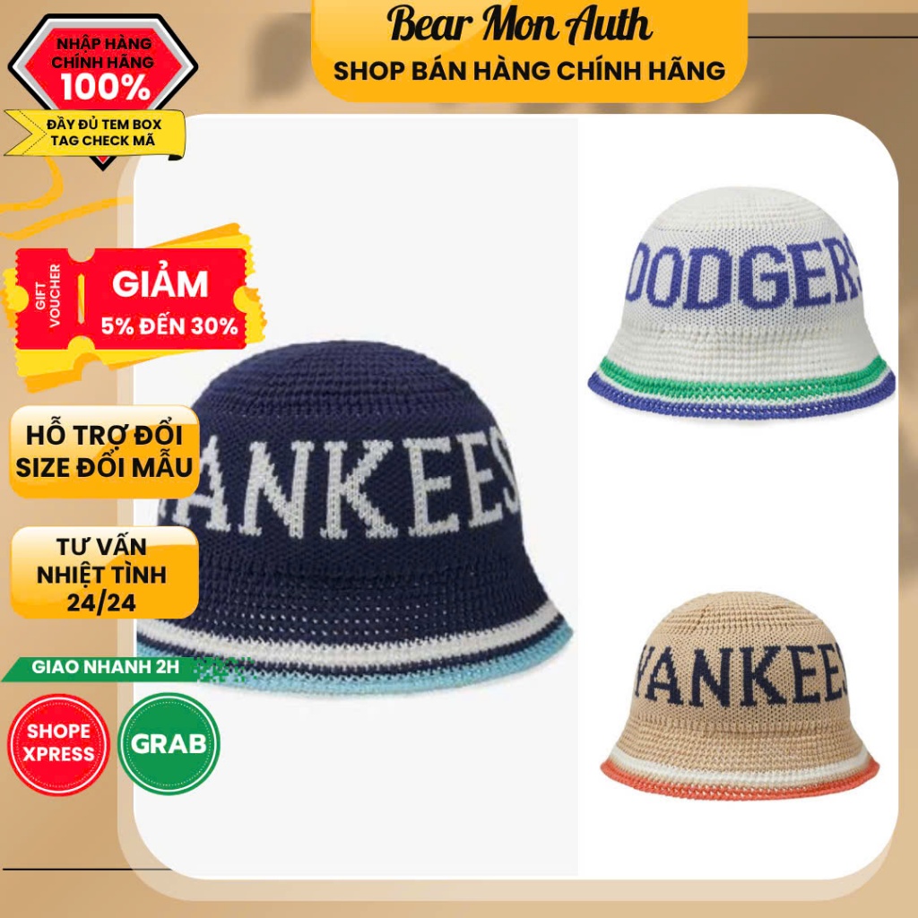 Mũ Bucket MLB Knit Crochet Bucket Hat 3AHTK014N Navy / Begi / Trắng