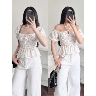 BARE_Áo Kiểu Babydoll Tay Ngắn Bo Chun Cột Nơ Chất Linen Mát, Áo Tay Phồng Họa Tiết Hoa Nhí_A490