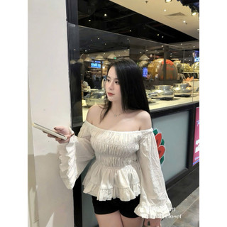 Áo trễ vai trần chun ống tay loe tiểu thư mix đồ siu đẹp