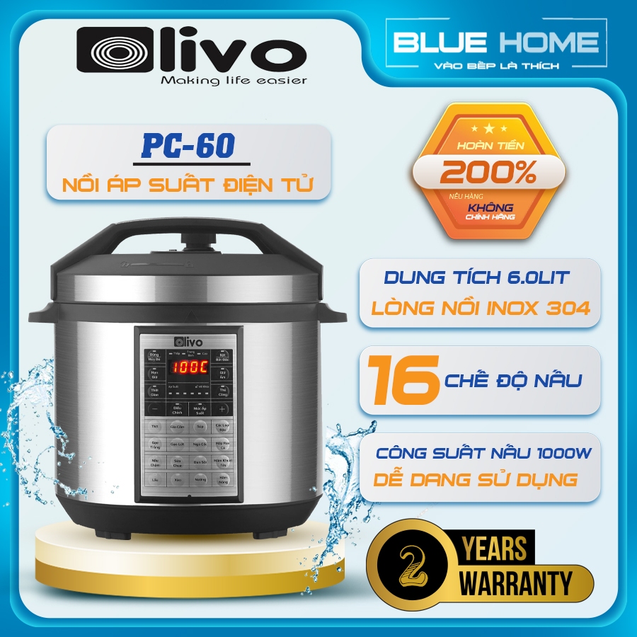Nồi Áp Suất Điện Tử Olivo PC60, Lòng Nồi INOX 304 Dung Tích 6.0Lit - 16 Chế Độ Nấu, Hàng Chính Hãng